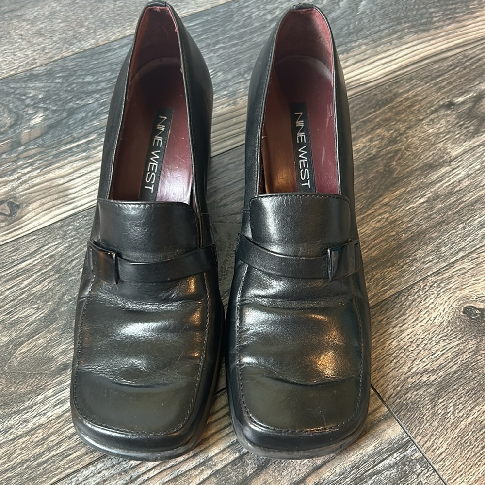 Y2K Nine West Vintage Black Leather Chunky Heels Buckle Across Sz 6.5 - Picture 1 of 6